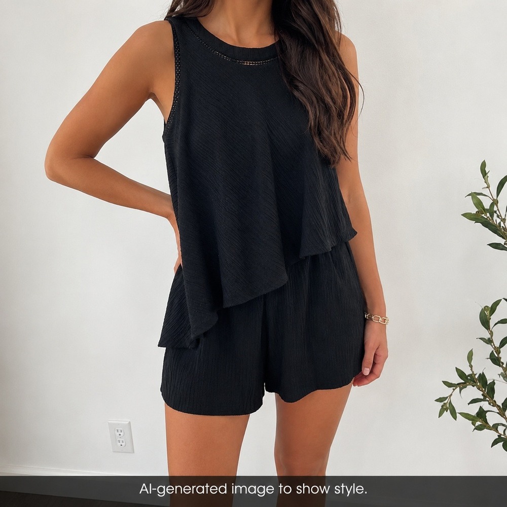 Elevenses Anthropologie Black Romper Asymmetrical Layered Sleeveless SP Pockets